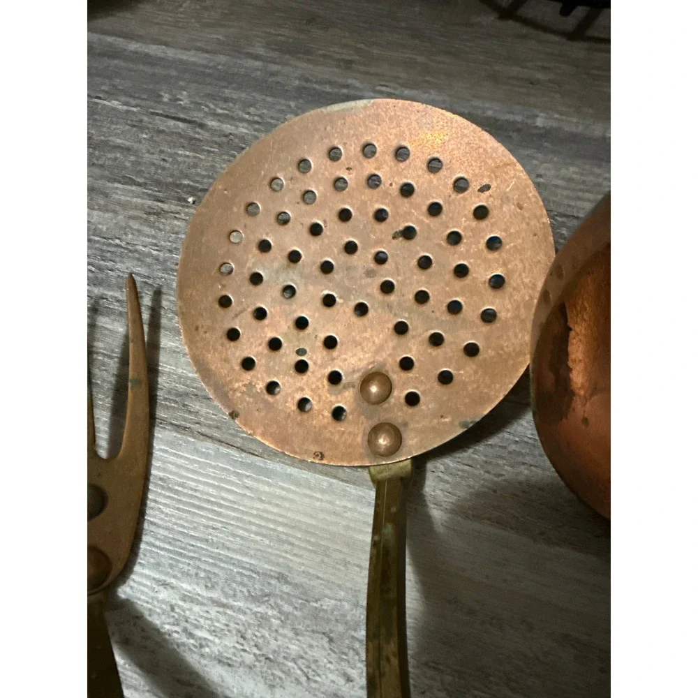 Vintage Copper and Brass Kitchen Utensil Set Ladle Skimmer Fork 3 Piece Rustic